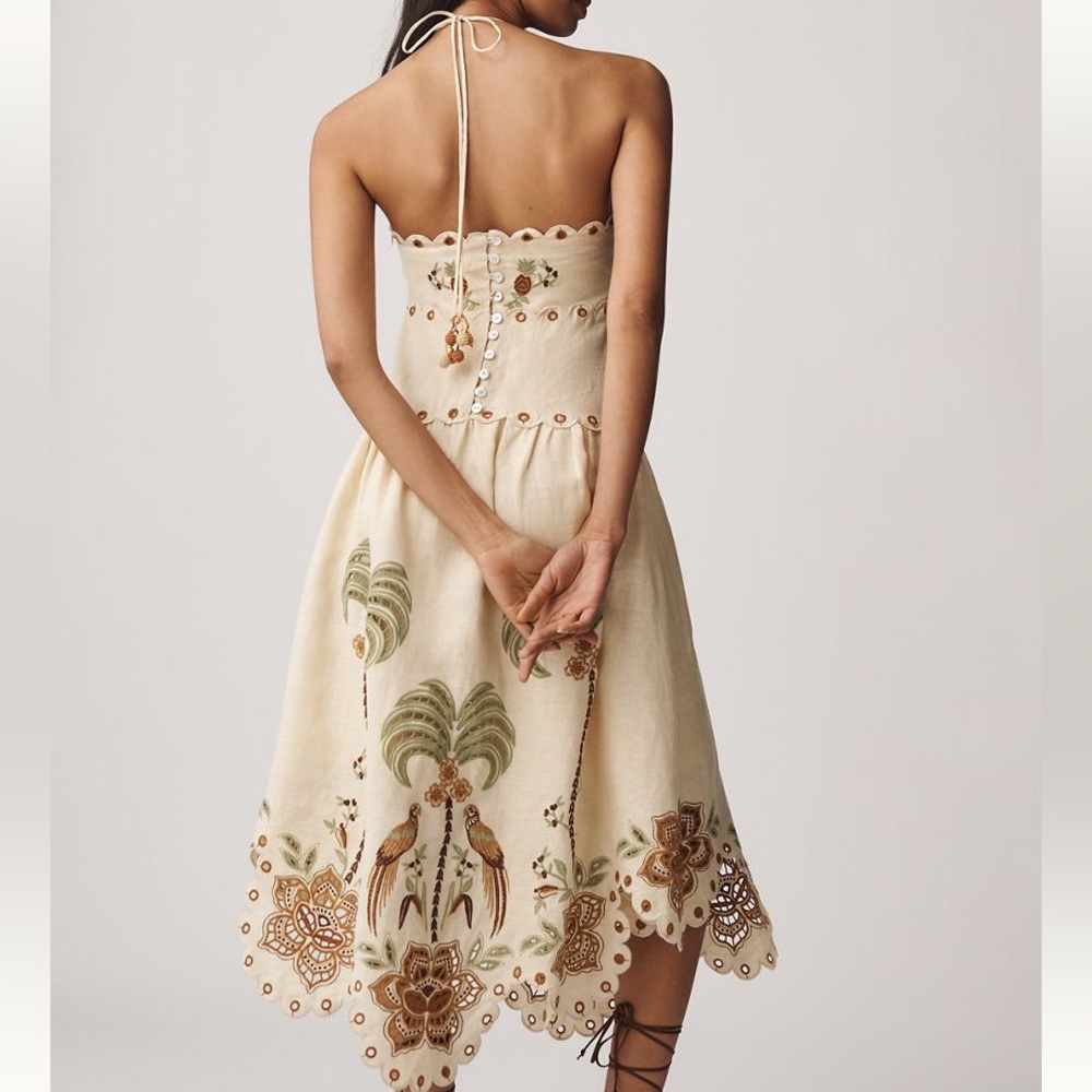 New FARM Rio Linen Halter Eyelet Midi Dress - Picture 2 of 4